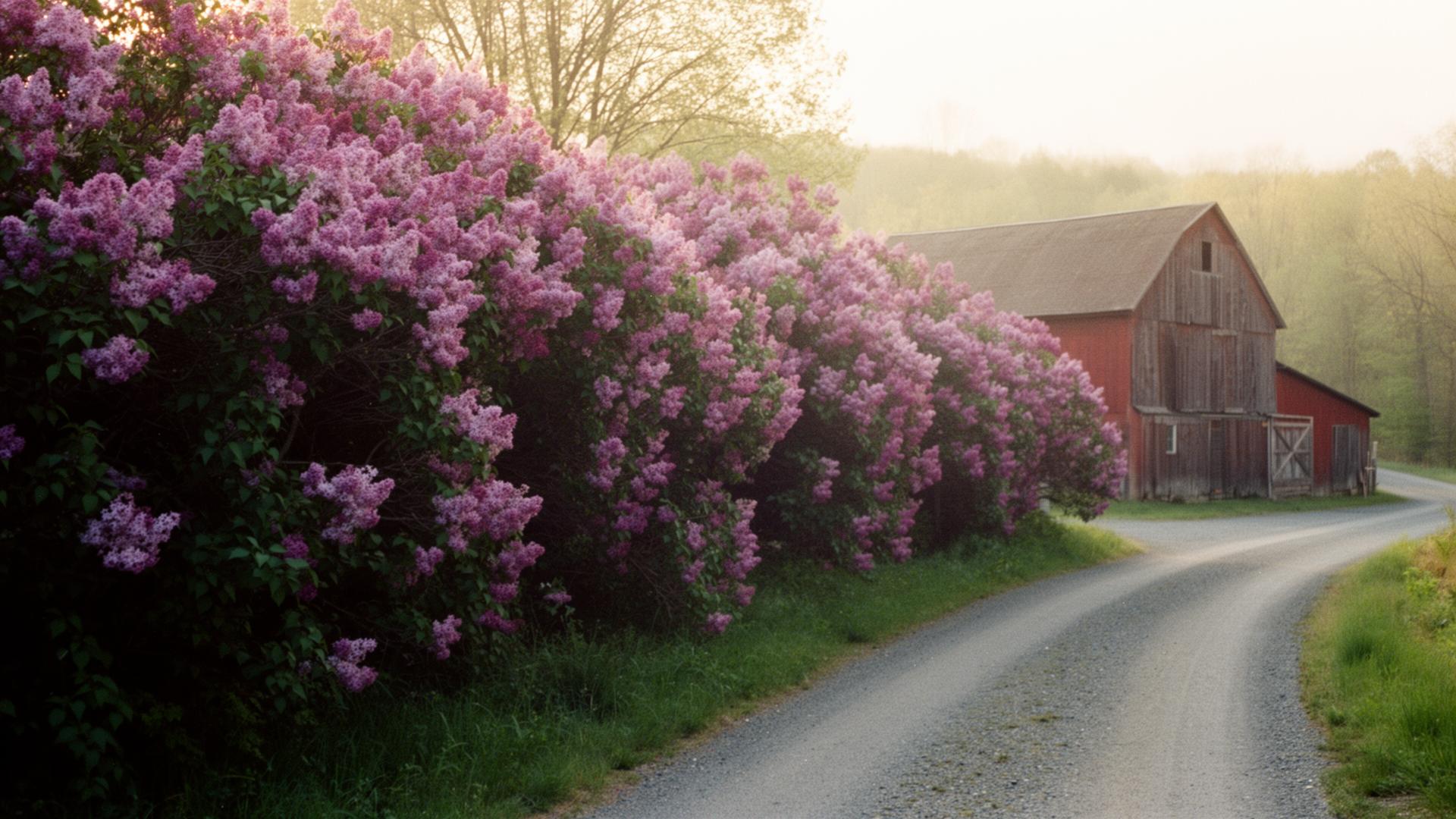 A hazy golden-hour lilac hedge spilling over a country road beside a weathered red barn in Germantown, NY
