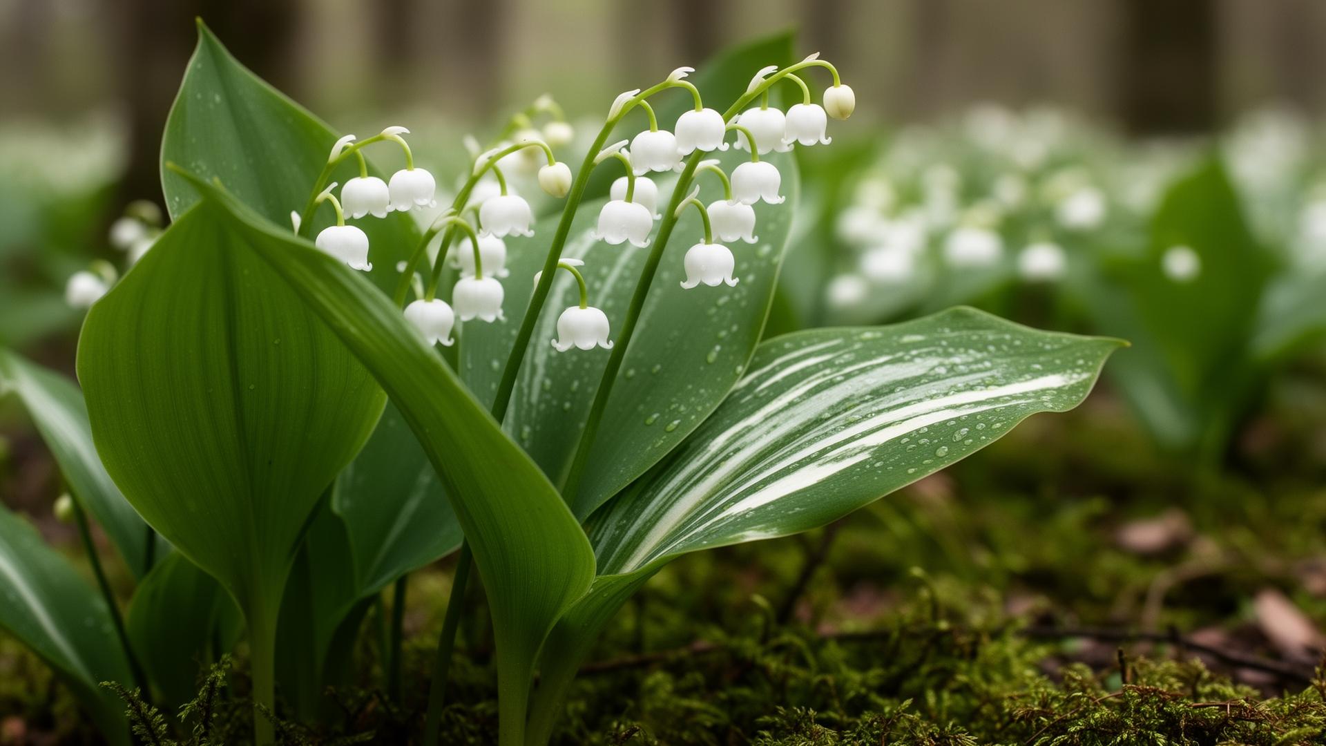 Lily of the valley with arching stems of tiny white bell-shaped flowers