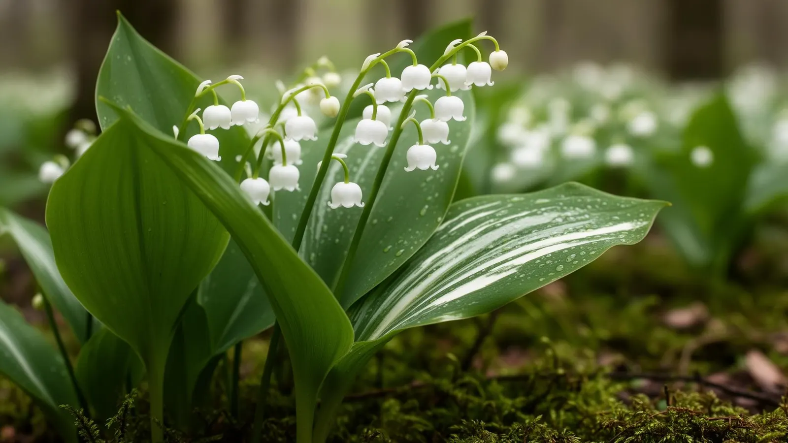 Lily of the valley with arching stems of tiny white bell-shaped flowers